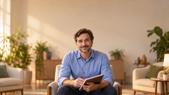 Psicólogo sorrindo, com camisa social azul, sem gravata, segurando um caderno de anotações, em um consultório de psicologia aconchegante com poltronas e plantas