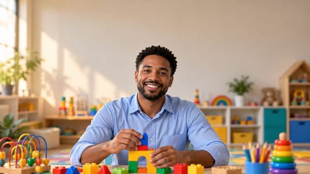 Psicopedagogo sorrindo, com camisa azul-clara, segurando blocos de montar coloridos, em uma sala de atendimento infantil colorida e organizada, com brinquedos pedagógicos