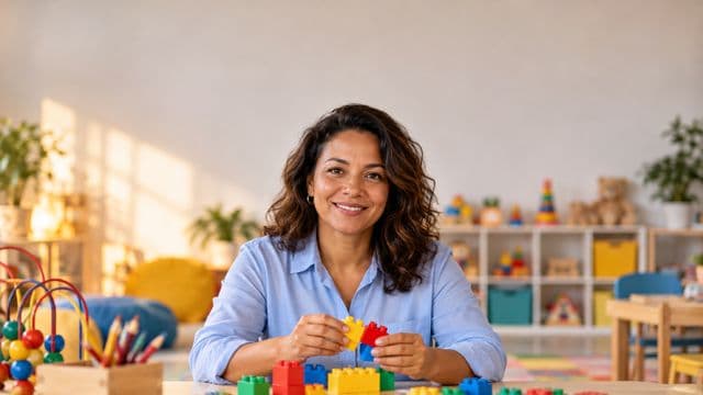 Psicopedagoga sorrindo, com camisa azul-clara, segurando blocos de montar coloridos, em uma sala de atendimento infantil colorida e organizada, com brinquedos pedagógicos