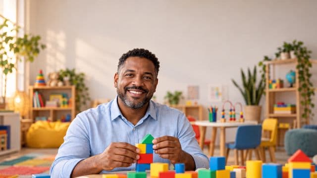 Psicopedagogo sorrindo, com camisa azul-clara, segurando blocos de montar coloridos, em uma sala de atendimento infantil colorida e organizada, com brinquedos pedagógicos