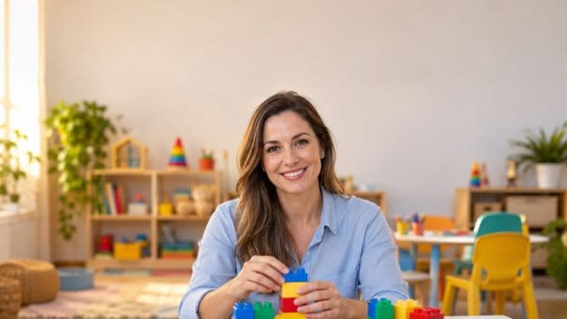 Psicopedagoga sorrindo, com camisa azul-clara, segurando blocos de montar coloridos, em uma sala de atendimento infantil colorida e organizada, com brinquedos pedagógicos