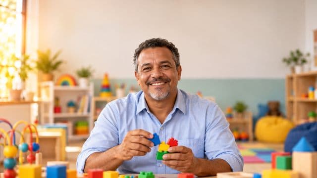 Psicopedagogo sorrindo, com camisa azul-clara, segurando blocos de montar coloridos, em uma sala de atendimento infantil colorida e organizada, com brinquedos pedagógicos
