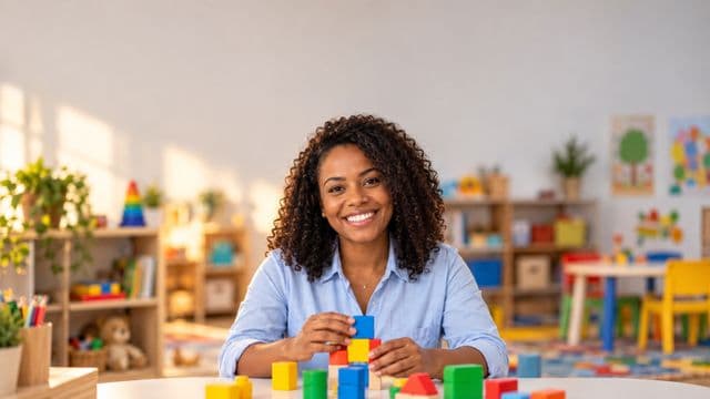 Psicopedagoga sorrindo, com camisa azul-clara, segurando blocos de montar coloridos, em uma sala de atendimento infantil colorida e organizada, com brinquedos pedagógicos