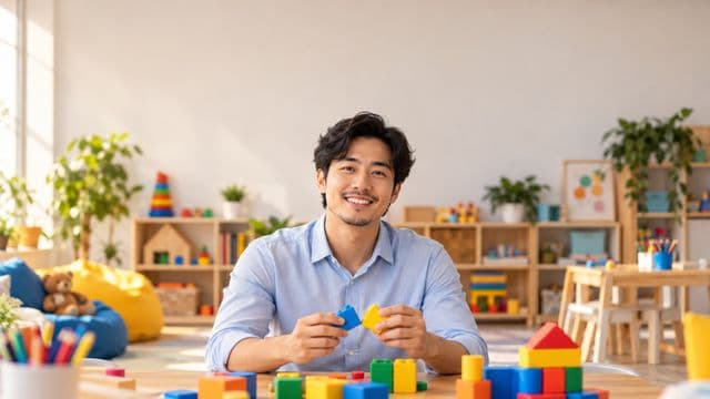Psicopedagogo sorrindo, com camisa azul-clara, segurando blocos de montar coloridos, em uma sala de atendimento infantil colorida e organizada, com brinquedos pedagógicos