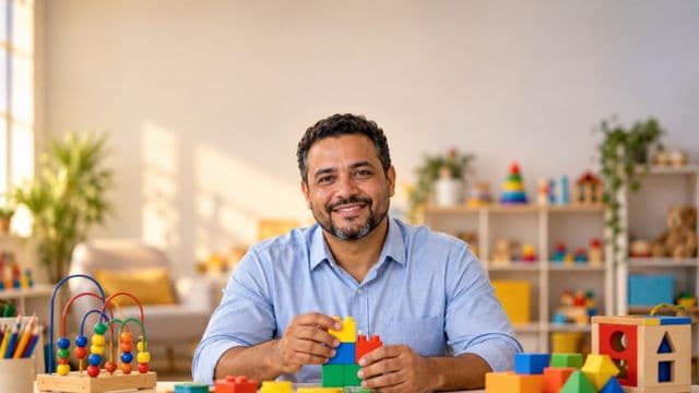 Psicopedagogo sorrindo, com camisa azul-clara, segurando blocos de montar coloridos, em uma sala de atendimento infantil colorida e organizada, com brinquedos pedagógicos