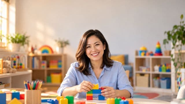 Psicopedagoga sorrindo, com camisa azul-clara, segurando blocos de montar coloridos, em uma sala de atendimento infantil colorida e organizada, com brinquedos pedagógicos