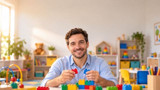 Psicopedagogo sorrindo, com camisa azul-clara, segurando blocos de montar coloridos, em uma sala de atendimento infantil colorida e organizada, com brinquedos pedagógicos