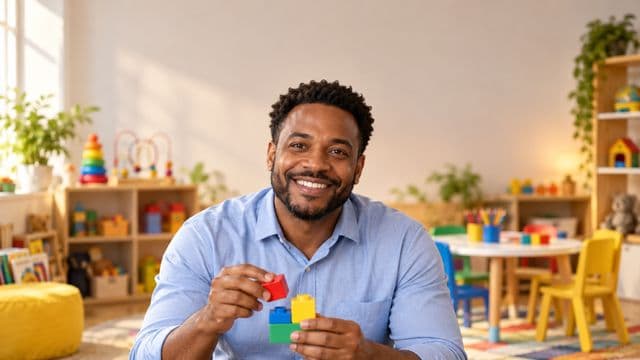 Psicopedagogo sorrindo, com camisa azul-clara, segurando blocos de montar coloridos, em uma sala de atendimento infantil colorida e organizada, com brinquedos pedagógicos