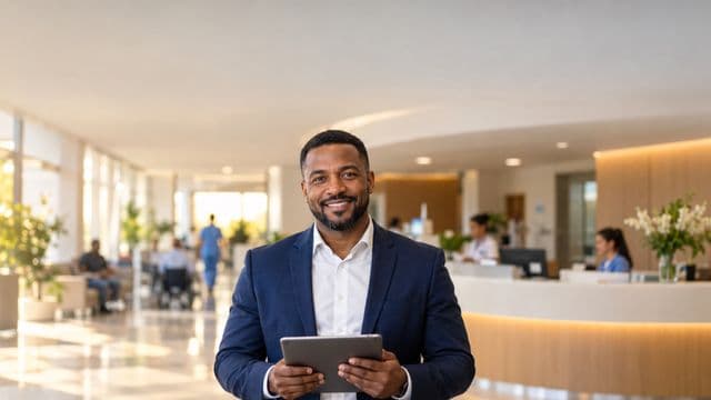 Gestor hospitalar sorrindo, com blazer azul-marinho sobre camisa branca, segurando um tablet, em a recepção de um hospital moderno
