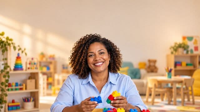 Psicopedagoga sorrindo, com camisa azul-clara, segurando blocos de montar coloridos, em uma sala de atendimento infantil colorida e organizada, com brinquedos pedagógicos