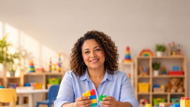 Psicopedagoga sorrindo, com camisa azul-clara, segurando blocos de montar coloridos, em uma sala de atendimento infantil colorida e organizada, com brinquedos pedagógicos