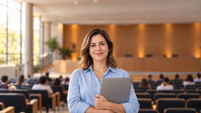 Professora universitária sorrindo, com camisa social azul, segurando um notebook, em um auditório universitário moderno