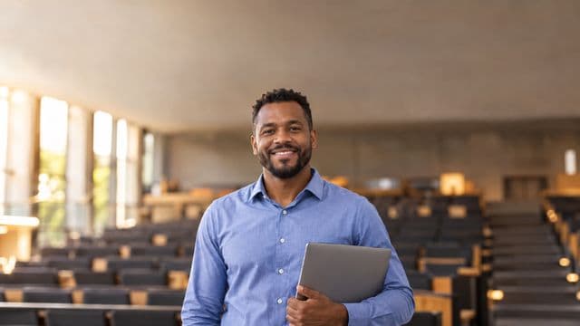 Professor universitário sorrindo, com camisa social azul, segurando um notebook, em um auditório universitário moderno