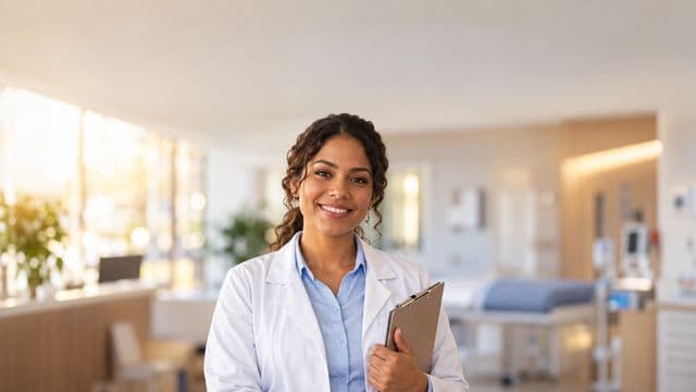 Profissional de saúde sorrindo, com jaleco branco sobre camisa azul-clara, segurando uma prancheta, em uma clínica moderna e bem iluminada