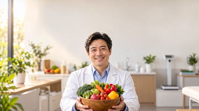 Nutricionista sorrindo, com jaleco branco sobre camisa azul-clara, segurando uma tigela de frutas e legumes frescos, em um consultório de nutrição claro com bancada e balança