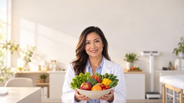 Nutricionista sorrindo, com jaleco branco sobre camisa azul-clara, segurando uma tigela de frutas e legumes frescos, em um consultório de nutrição claro com bancada e balança