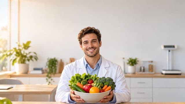 Nutricionista sorrindo, com jaleco branco sobre camisa azul-clara, segurando uma tigela de frutas e legumes frescos, em um consultório de nutrição claro com bancada e balança