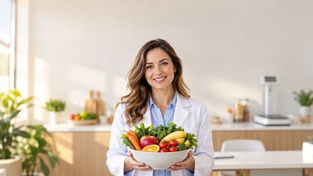 Nutricionista sorrindo, com jaleco branco sobre camisa azul-clara, segurando uma tigela de frutas e legumes frescos, em um consultório de nutrição claro com bancada e balança