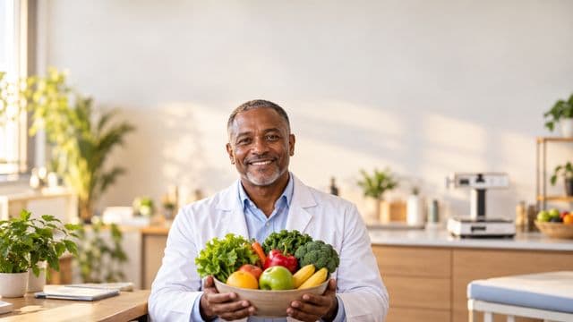Nutricionista sorrindo, com jaleco branco sobre camisa azul-clara, segurando uma tigela de frutas e legumes frescos, em um consultório de nutrição claro com bancada e balança