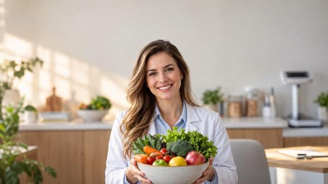 Nutricionista sorrindo, com jaleco branco sobre camisa azul-clara, segurando uma tigela de frutas e legumes frescos, em um consultório de nutrição claro com bancada e balança