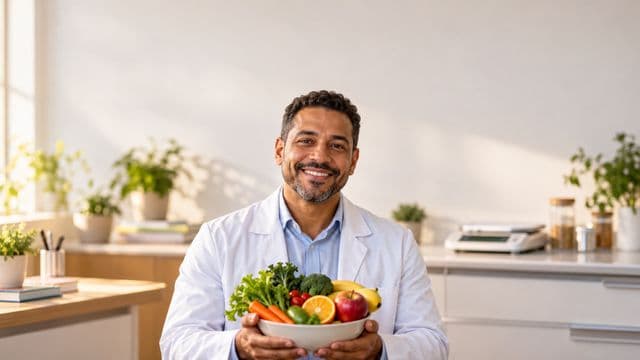 Nutricionista sorrindo, com jaleco branco sobre camisa azul-clara, segurando uma tigela de frutas e legumes frescos, em um consultório de nutrição claro com bancada e balança