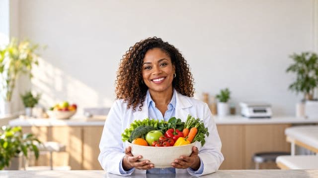 Nutricionista sorrindo, com jaleco branco sobre camisa azul-clara, segurando uma tigela de frutas e legumes frescos, em um consultório de nutrição claro com bancada e balança