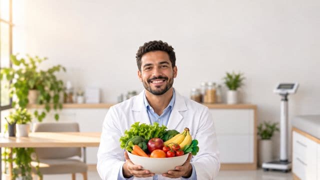 Nutricionista sorrindo, com jaleco branco sobre camisa azul-clara, segurando uma tigela de frutas e legumes frescos, em um consultório de nutrição claro com bancada e balança