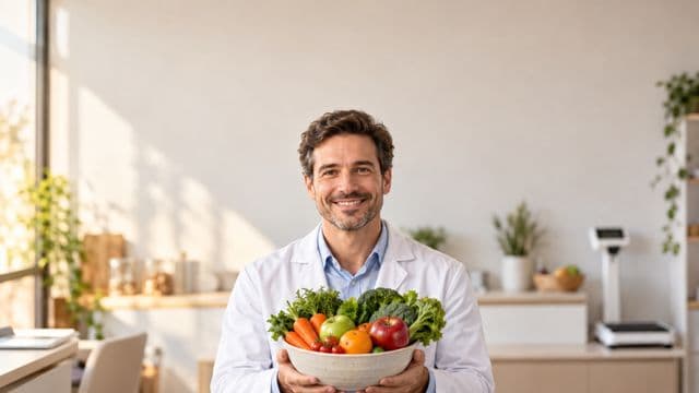 Nutricionista sorrindo, com jaleco branco sobre camisa azul-clara, segurando uma tigela de frutas e legumes frescos, em um consultório de nutrição claro com bancada e balança