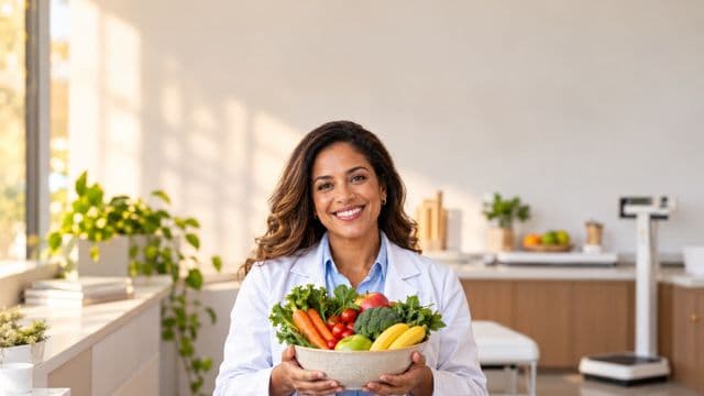 Nutricionista sorrindo, com jaleco branco sobre camisa azul-clara, segurando uma tigela de frutas e legumes frescos, em um consultório de nutrição claro com bancada e balança