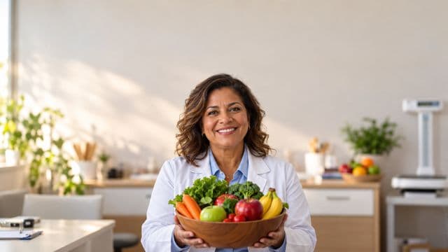 Nutricionista sorrindo, com jaleco branco sobre camisa azul-clara, segurando uma tigela de frutas e legumes frescos, em um consultório de nutrição claro com bancada e balança