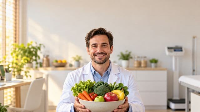 Nutricionista sorrindo, com jaleco branco sobre camisa azul-clara, segurando uma tigela de frutas e legumes frescos, em um consultório de nutrição claro com bancada e balança