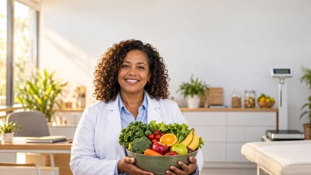 Nutricionista sorrindo, com jaleco branco sobre camisa azul-clara, segurando uma tigela de frutas e legumes frescos, em um consultório de nutrição claro com bancada e balança