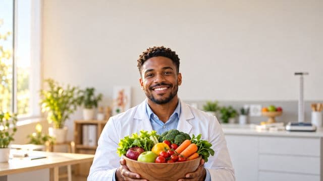 Nutricionista sorrindo, com jaleco branco sobre camisa azul-clara, segurando uma tigela de frutas e legumes frescos, em um consultório de nutrição claro com bancada e balança