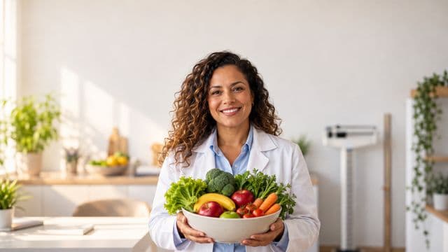 Nutricionista sorrindo, com jaleco branco sobre camisa azul-clara, segurando uma tigela de frutas e legumes frescos, em um consultório de nutrição claro com bancada e balança