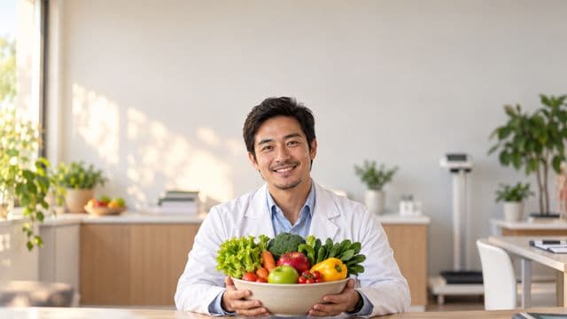 Nutricionista sorrindo, com jaleco branco sobre camisa azul-clara, segurando uma tigela de frutas e legumes frescos, em um consultório de nutrição claro com bancada e balança