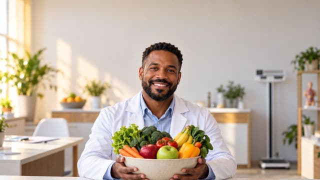 Nutricionista sorrindo, com jaleco branco sobre camisa azul-clara, segurando uma tigela de frutas e legumes frescos, em um consultório de nutrição claro com bancada e balança