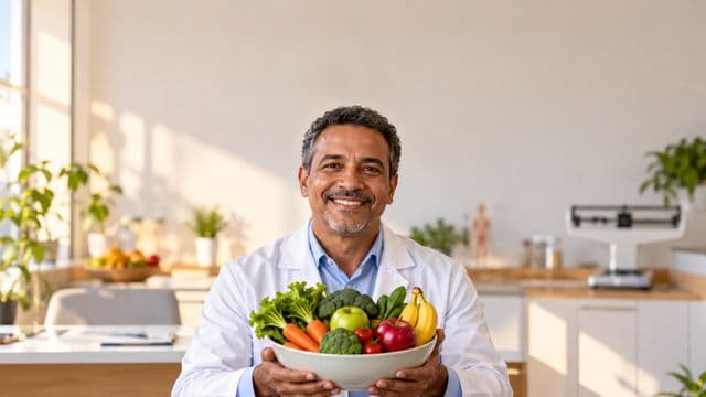 Nutricionista sorrindo, com jaleco branco sobre camisa azul-clara, segurando uma tigela de frutas e legumes frescos, em um consultório de nutrição claro com bancada e balança