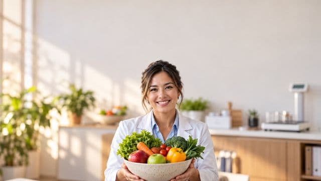 Nutricionista sorrindo, com jaleco branco sobre camisa azul-clara, segurando uma tigela de frutas e legumes frescos, em um consultório de nutrição claro com bancada e balança