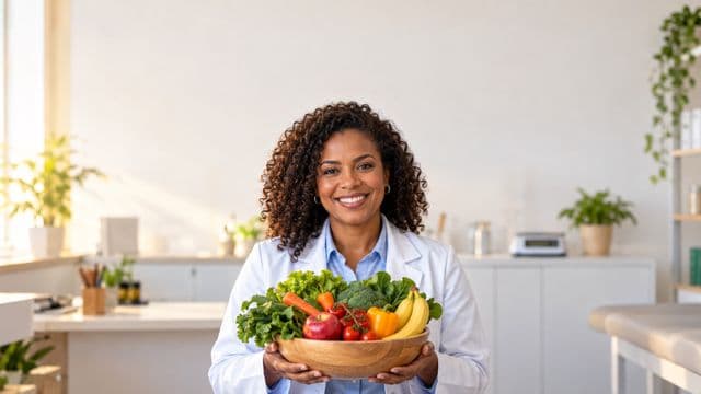 Nutricionista sorrindo, com jaleco branco sobre camisa azul-clara, segurando uma tigela de frutas e legumes frescos, em um consultório de nutrição claro com bancada e balança