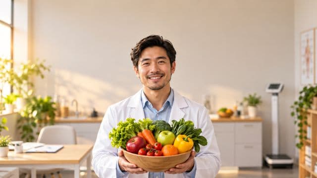 Nutricionista sorrindo, com jaleco branco sobre camisa azul-clara, segurando uma tigela de frutas e legumes frescos, em um consultório de nutrição claro com bancada e balança