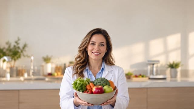 Nutricionista sorrindo, com jaleco branco sobre camisa azul-clara, segurando uma tigela de frutas e legumes frescos, em um consultório de nutrição claro com bancada e balança