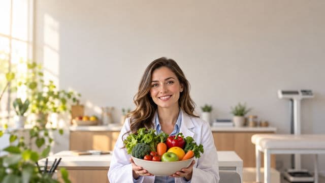 Nutricionista sorrindo, com jaleco branco sobre camisa azul-clara, segurando uma tigela de frutas e legumes frescos, em um consultório de nutrição claro com bancada e balança