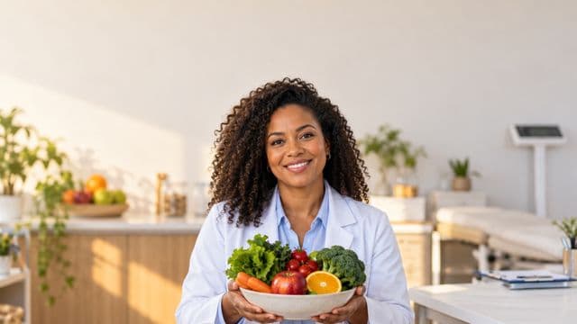 Nutricionista sorrindo, com jaleco branco sobre camisa azul-clara, segurando uma tigela de frutas e legumes frescos, em um consultório de nutrição claro com bancada e balança