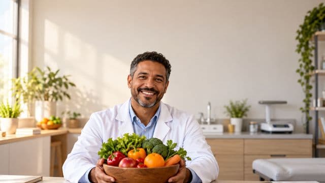 Nutricionista sorrindo, com jaleco branco sobre camisa azul-clara, segurando uma tigela de frutas e legumes frescos, em um consultório de nutrição claro com bancada e balança