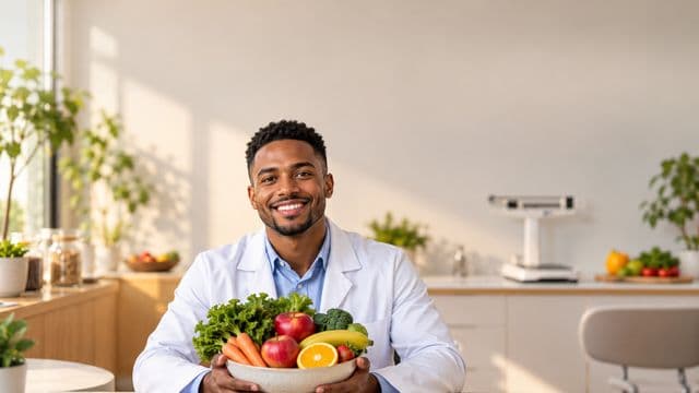 Nutricionista sorrindo, com jaleco branco sobre camisa azul-clara, segurando uma tigela de frutas e legumes frescos, em um consultório de nutrição claro com bancada e balança