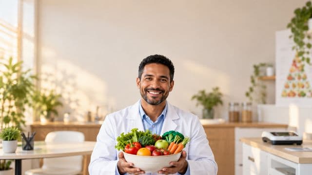 Nutricionista sorrindo, com jaleco branco sobre camisa azul-clara, segurando uma tigela de frutas e legumes frescos, em um consultório de nutrição claro com bancada e balança