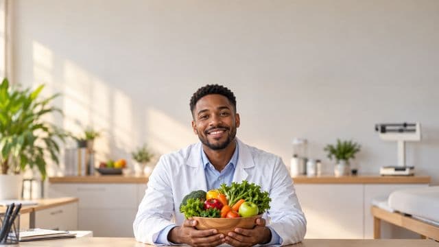 Nutricionista sorrindo, com jaleco branco sobre camisa azul-clara, segurando uma tigela de frutas e legumes frescos, em um consultório de nutrição claro com bancada e balança