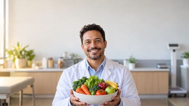 Nutricionista sorrindo, com jaleco branco sobre camisa azul-clara, segurando uma tigela de frutas e legumes frescos, em um consultório de nutrição claro com bancada e balança