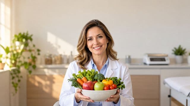Nutricionista sorrindo, com jaleco branco sobre camisa azul-clara, segurando uma tigela de frutas e legumes frescos, em um consultório de nutrição claro com bancada e balança