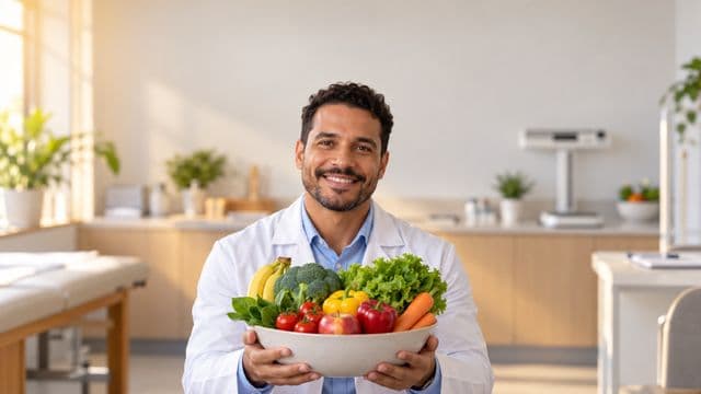 Nutricionista sorrindo, com jaleco branco sobre camisa azul-clara, segurando uma tigela de frutas e legumes frescos, em um consultório de nutrição claro com bancada e balança